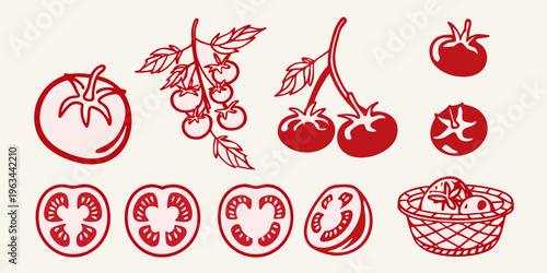 Red tomato illustrations with vine slices and a woven basket display