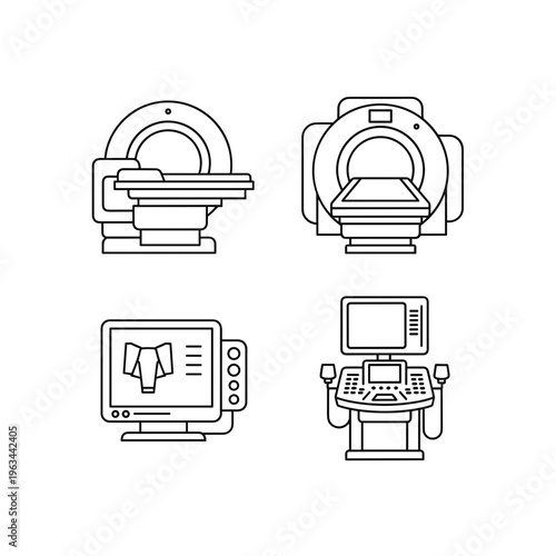 Set of MRI and radiology equipment line icons