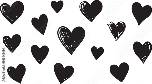 A collection of 13 unique black hand-sketched heart icons on a white background, featuring various organic styles with textured ink strokes and highlights for expressive design.