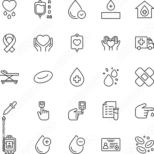 Medical healthcare blood donation line vector icon set heart blood bag drop ambulance