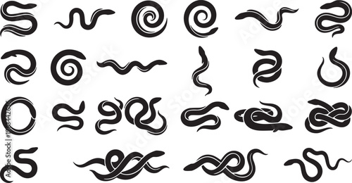 Eel Silhouette Icon Collection - 16 Fluid Snake-like Vector Motion Poses.