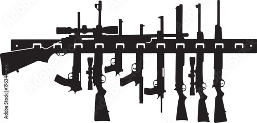 Firearm silhouettes, gun rack, weapons collection, black vector icons
