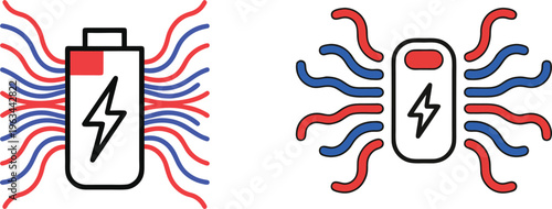 Dynamic graphic depicting two stylized battery icons, each radiating energy waves in red and blue colors.