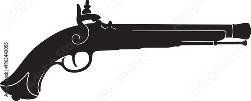 Vintage pistol, antique firearm, black silhouette, historical weapon, vector illustration
