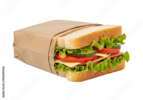 Delicious sandwich wrapped in brown paper for easy handling and portability