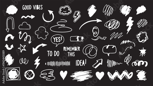 A large collection of white hand-sketched design elements on a solid black background, featuring hearts, lightning bolts, speech bubbles, and messy ink textures for expressive journaling.