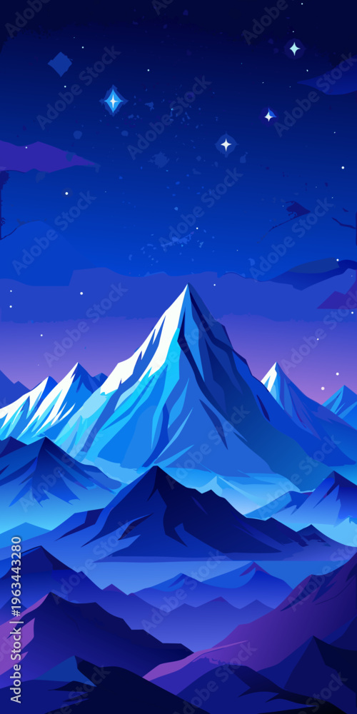 Obraz premium Glowing snowy mountain peaks under starry night sky