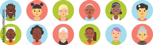Set of diverse women avatar profile icons with different ethnicities ages and styles in flat circle design.