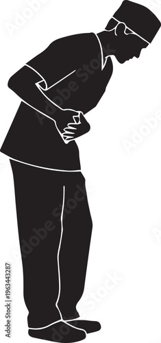 Vector silhouette of a chef clutching his stomach in discomfort isolated on transparent background
