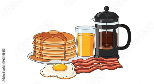 Delicious Stack of Pancakes with Syrup, Fried Egg, Crispy Bacon, and Orange Juice