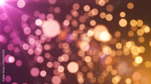 Abstract background with glowing bokeh lights and lens flare effect, purple and gold colors.