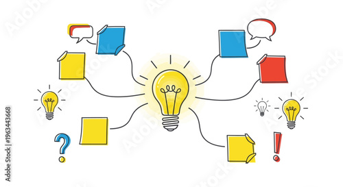 Brainstorming and Idea Generation Concept with Lightbulbs and Sticky Notes