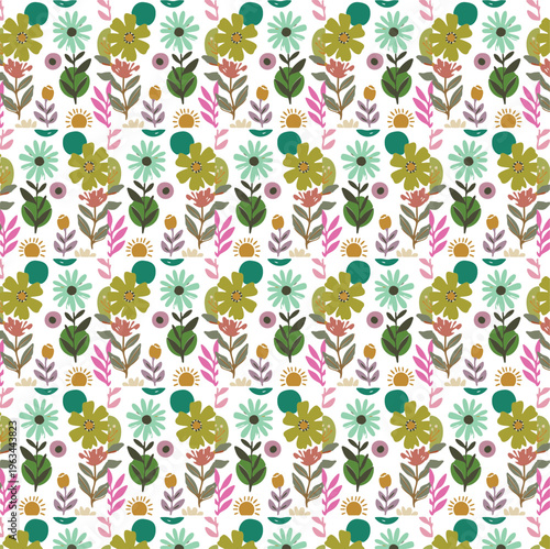 Retro Boho Floral Seamless Pattern with Earthy Tones and Abstract Daisies