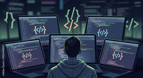 Hacker in front of computers.