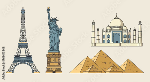 Iconic World Landmarks: Eiffel Tower, Statue of Liberty, Taj Mahal, Pyramids