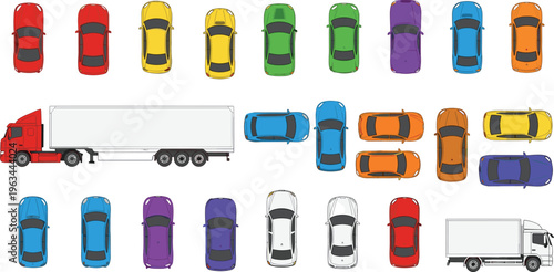 Top view vehicles vector set with colorful cars, trucks and transport elements in modern flat illustration style for traffic design