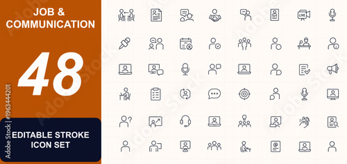 Job communication and media web icons in line style. interview, recruitment, broadcasting, teamwork, candidate hiring, office discussion, presentation. Editable stroke. Vector illustration.