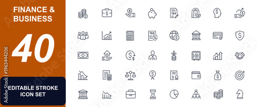 Finance and business management web icons in line style. money, investment, savings, tax, profit, payment, banking, accounting, portfolio, insurance, equity, corporate, trade. Editable stroke. 