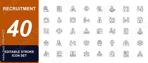 Recruitment and hiring web icons in line style. headhunting, resume, interview, employer, workforce, staffing, office, teamwork, management, corporate employment. Editable stroke. Vector illustration