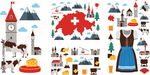 Switzerland travel and culture vector set with map, mountains, cheese, cows, traditional dress and landmarks