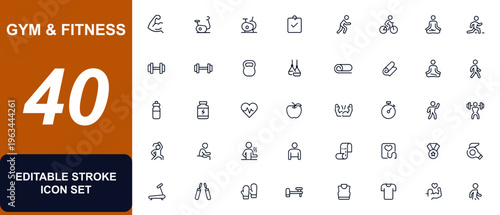 Gym and fitness web icons in line style. workout, training, muscle, yoga, running, cycling, swimming, barbell, dumbbell, stretching, heart, nutrition, health, sport. Vector illustration.
