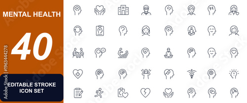 Mental health and psychology web icons in line style. therapy, hospital, doctor, anxiety, trauma, consultation, dementia, wellness, emotion, recovery, brain, support. Editable stroke. Vector.