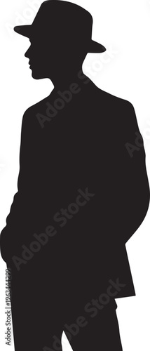 Silhouette of a man in a suit and fedora hat isolated on transparent background