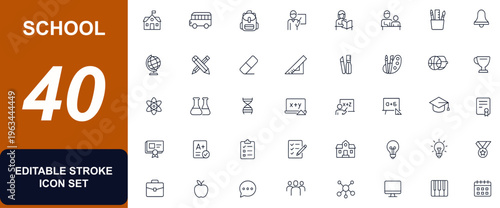 School and education web icons in line style. student, teacher, classroom, books, stationery, exam, graduation, science, math, sports, learning tools, academic symbols. Editable stroke. Vector.