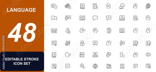 Language and communication web icons in line style. translation, speech, dialogue, education, learning, literacy, classroom, message, multilingual, vocabulary. Editable stroke. Vector illustration.