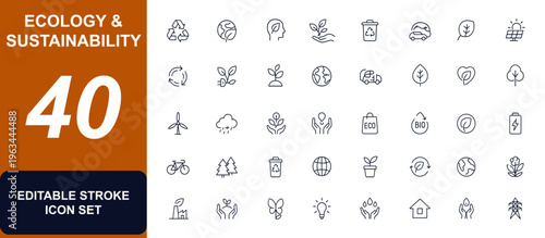 Ecology and sustainability web icons in line style. renewable energy, recycle, environment protection, green power, organic bio, climate, conservation, nature, planet symbols. vector illustration.