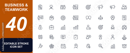 Business teamwork web icons in line style. project planning, corporate meetings, strategy, communication, finance, management, growth, marketing, collaboration, success. Editable stroke.