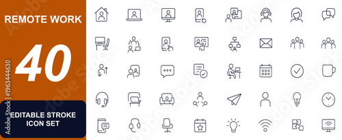 Remote work and telecommuting web icons in line style. business, freelancer, teamwork, online communication, meeting, computer, productivity, digital connection. Editable stroke. Vector illustration.