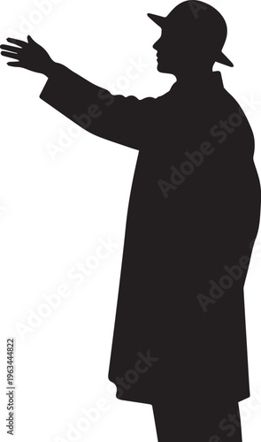 Silhouette of a man in a cap and coat gesturing with his hand isolated on transparent background