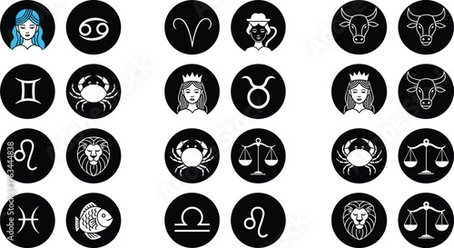 Zodiac signs vector icons set with horoscope symbols, astrology characters and celestial black circle designs