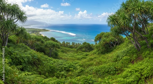 Lush green tropical landscape overlooking a beautiful blue ocean with waves breaking on a distant reef. Nature scene for travel marketing.