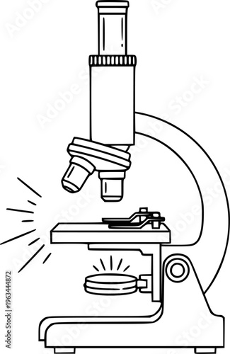 Black and white line of a scientific microscope with a petri dish and light rays