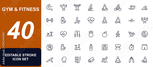 Gym and fitness line web icon set. workout, muscle training, exercise, yoga, running, cycling, swimming, dumbbells, supplements, heart rate, stretching, sauna. Editable stroke. Vector illustration.