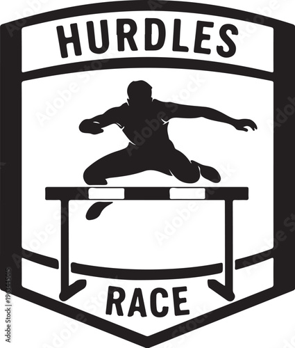 Black hurdle race icon, athletic silhouette, sports shield logo, obstacle running