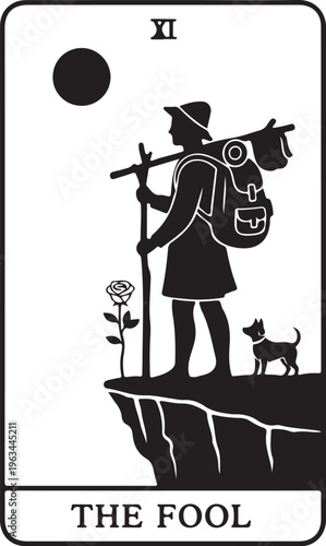 Tarot card, The Fool, black and white, vector illustration, fortune telling, mysticism