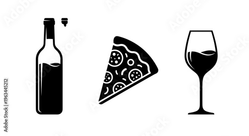 Professional collection of black silhouettes featuring a wine bottle, a pepperoni pizza slice, and a wine glass isolated on white background for casual dining and social gathering concepts.