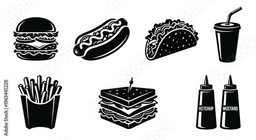 Professional collection of black fast food silhouettes featuring a burger, hot dog, taco, soda, french fries, sandwich, and condiment bottles isolated on white background for takeaway and restaurant c