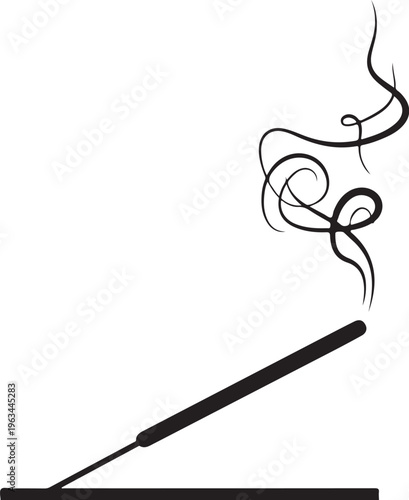 Incense stick, smoke swirls, black silhouette, vector icon, minimalist design
