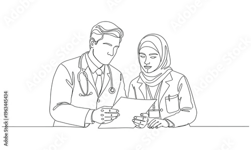 Minimal one line drawing of a male doctor giving consultation to a female patient while reading a medical record. Trendy hospital health care service concept. one line Icon drawing