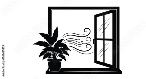 Open window with a potted plant and swirling wind a dark silhouette