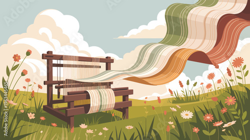 Wooden loom in a field of wildflowers under a cloudy sky, weaving textile fabric threads