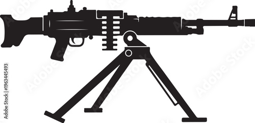 Machine gun, assault rifle, black silhouette, vector illustration, military weapon, firearm