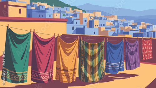 Colorful textiles drying on a clothesline in front of blue and tan buildings, laundry fabric