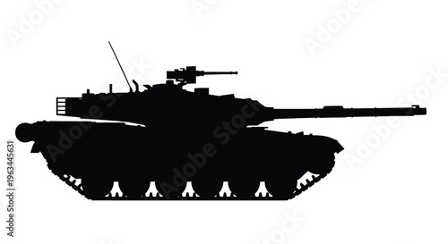 Detailed black silhouette of a modern military tank side view silhouette