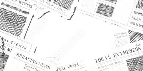 Scattered grey and white newspaper pages with headlines and textured sections