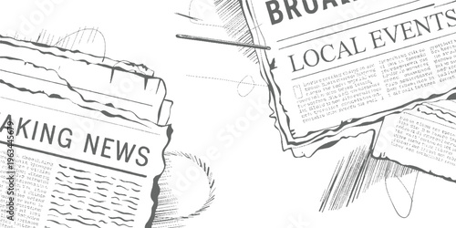 Hand drawn of newspapers with breaking news and local events headlines